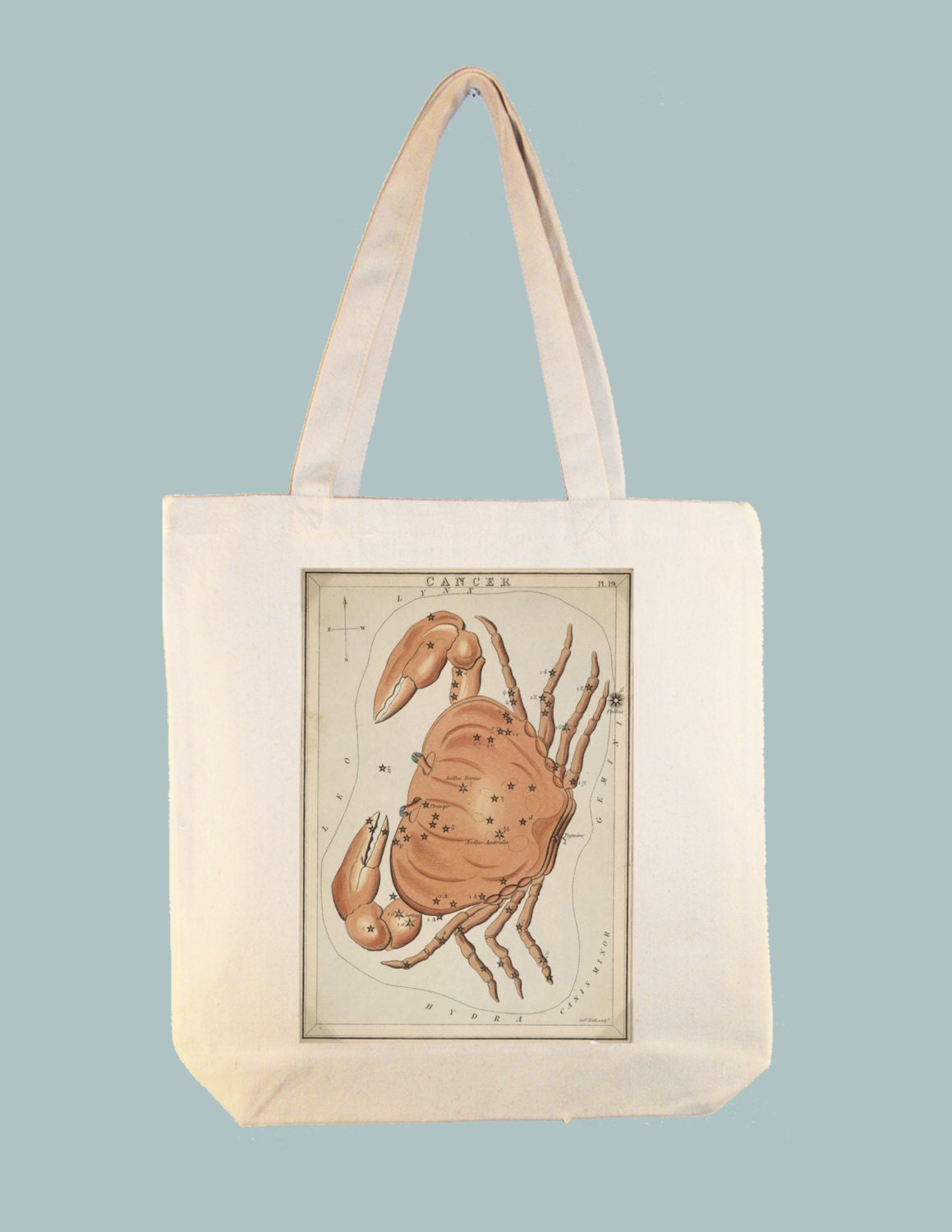 Vintage Cancer Constellation Astrology Illustration on 15x15 Canvas Tote with Shoulder Strap - other sizes available