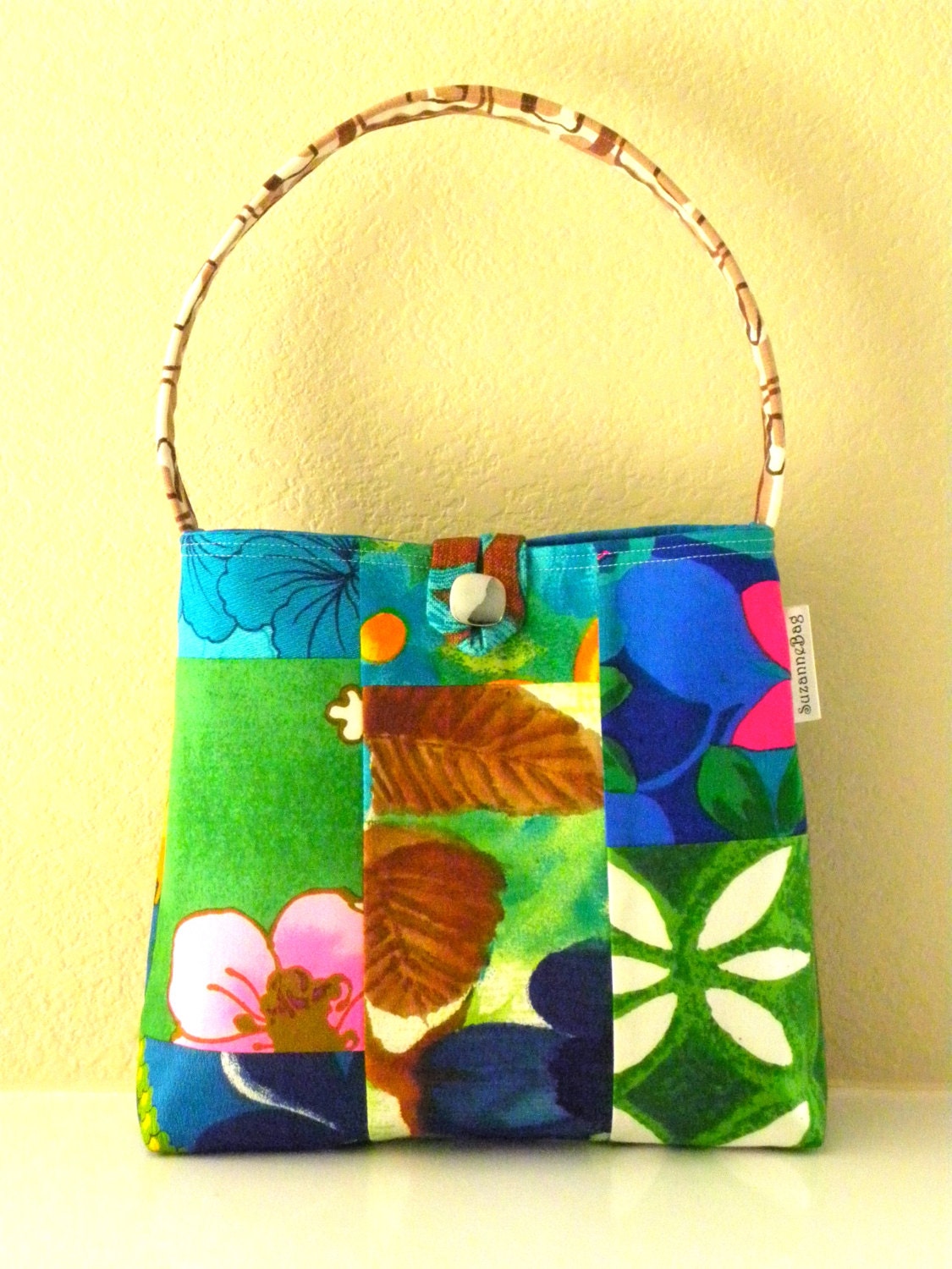 Shoulder Bag - Vintage Patchwork Hawaiian Floral - Kelly Green, Royal Blue, Turquoise, Chocolate