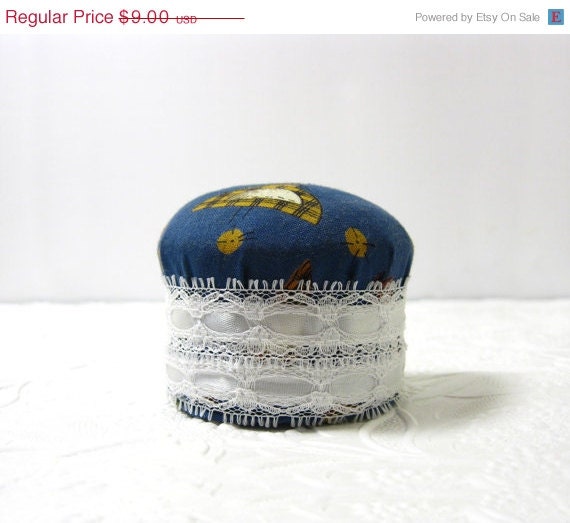 Mothers Day - Navy Blue Patterned Pincushion w Fancy Snow White Lace