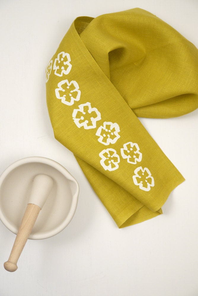 Flowers, bright olive linen tea towel, white
