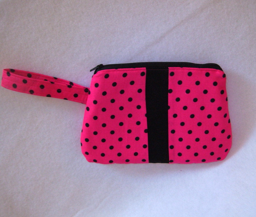 Zippered Make Up Wristlet - Pink Polka Dot and Black