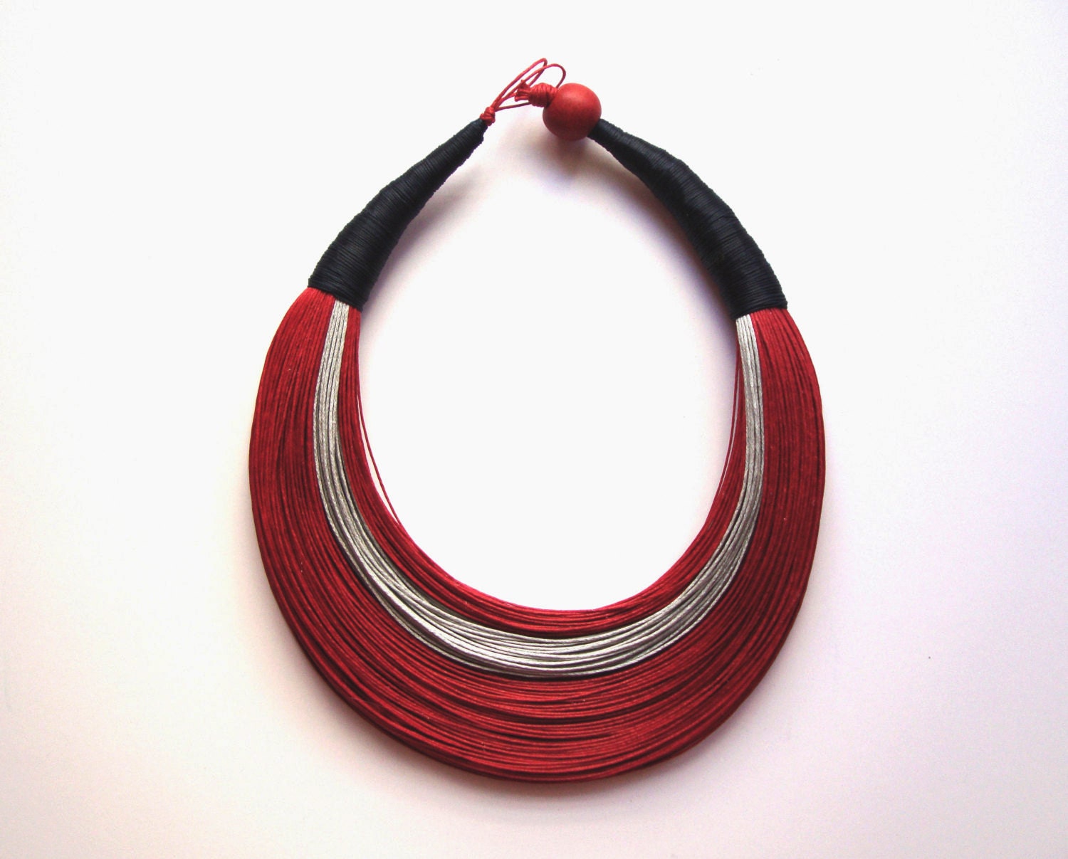 One of a kind - Red, Light Grey and Dark Blue Fiber Statement Necklace