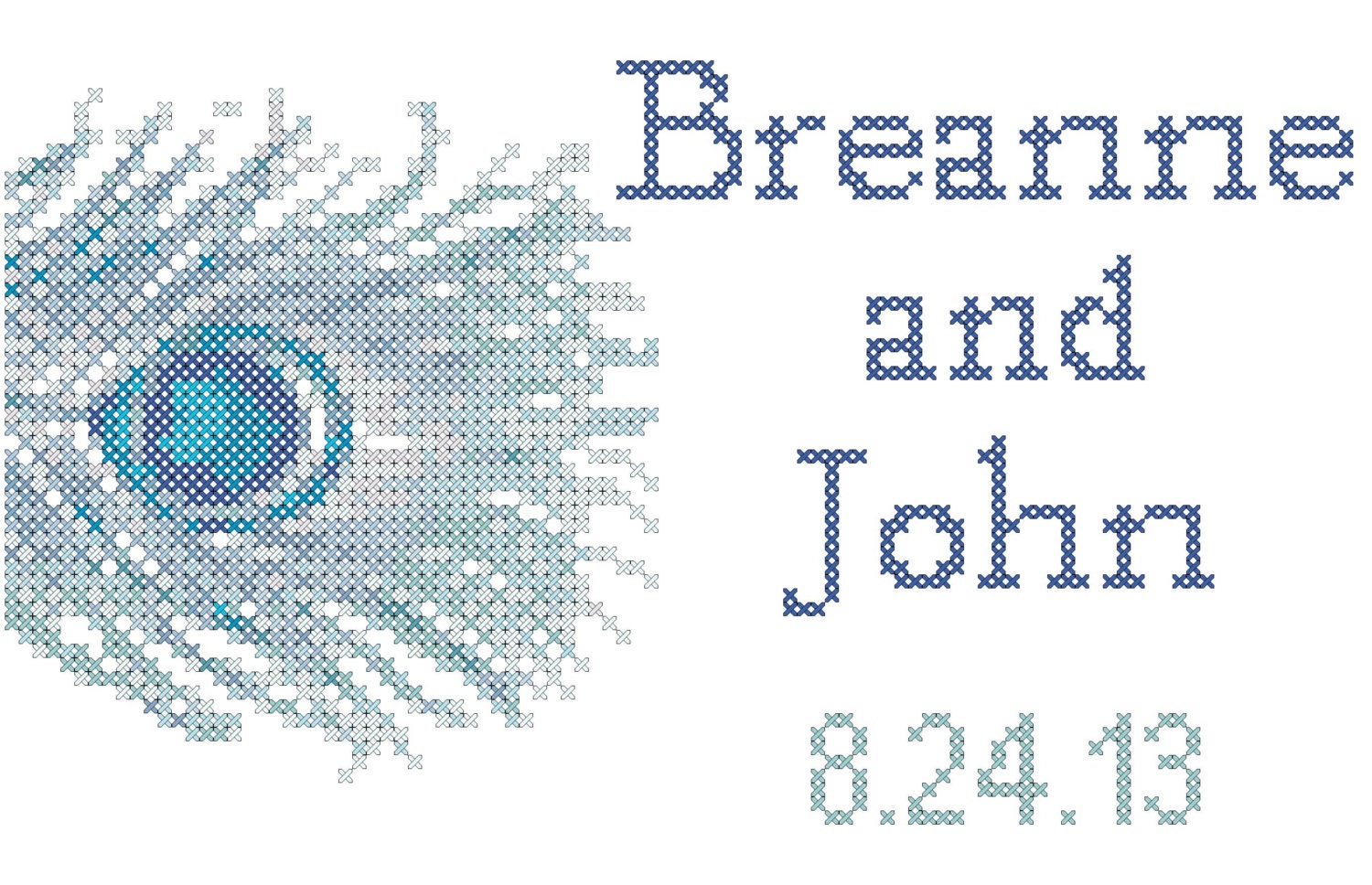 Cross Stitch Pattern with Peacock Feather and Wedding Names & Date