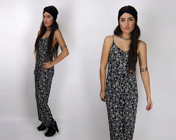 Vintage Black and White Floral Wide Leg Sleeveless Jumper Jumpsuit / X-Large