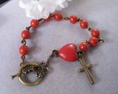 Antique brass Rosary, Red Swarovski, Rosary bracelet, Red turquoise heart charm, Religious, Baptism gift, Easter,