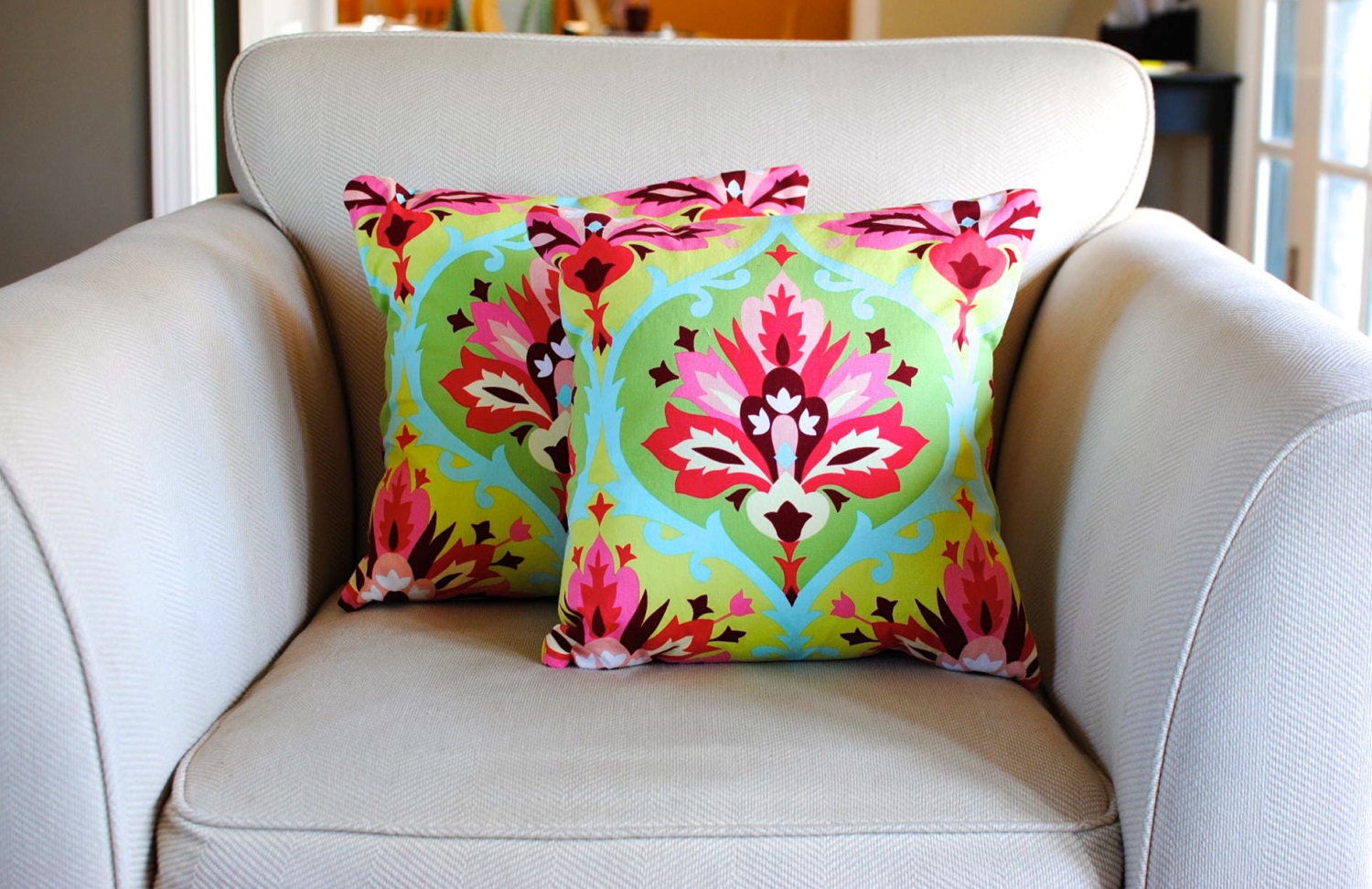Pillow Covers in lovely Amy Butler Fabric. Trumpet Flowers fabric in pink, citron, and lime. Set of two (2) covers for 16X16 inserts.