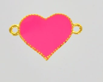 2 Hot PINK and GOLD HEART Enamel and Metal Connector Charms
