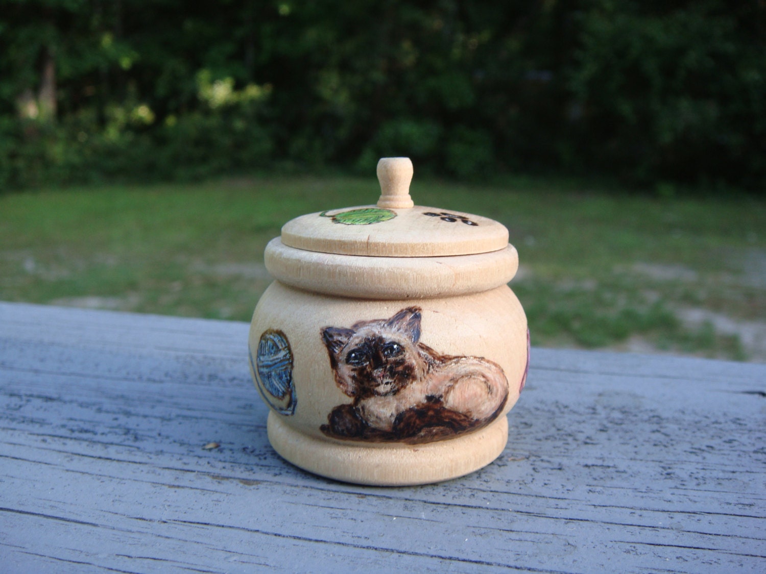 wood burned  trinket box with siamese kitten cat