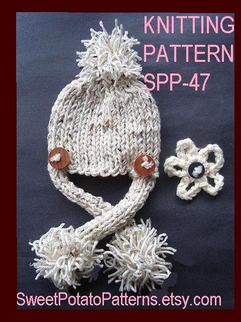 Instant Download PDF Hat Knitting Pattern - SPP-47 Oatmeal Unisex PomPom hat with ties Baby to adult