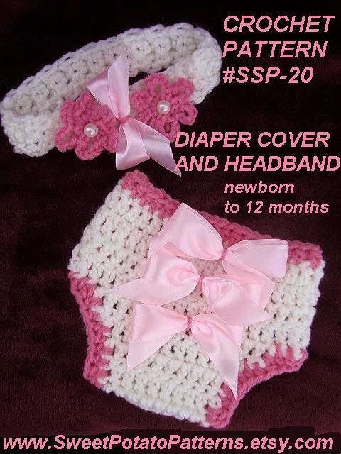 Instant Dowload PDF Crochet Pattern Diaper Cover and Headband SPP20  3 sizes