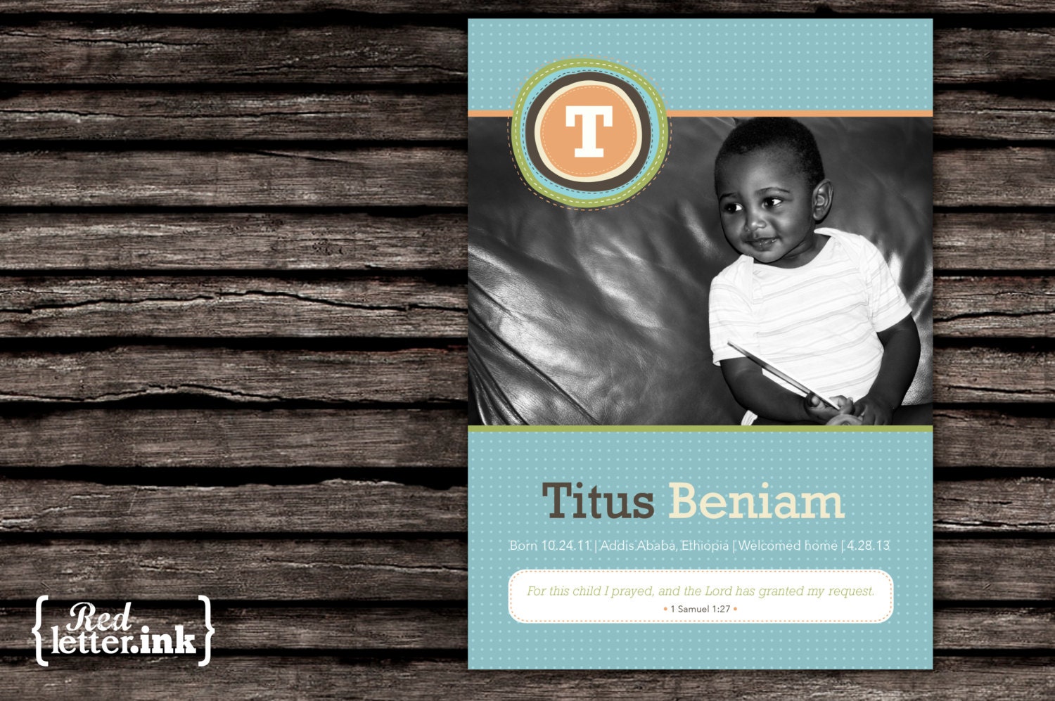 Monogram Digital Adoption Announcement Card - Customizable with scripture & photo (1 Samuel 1:27)