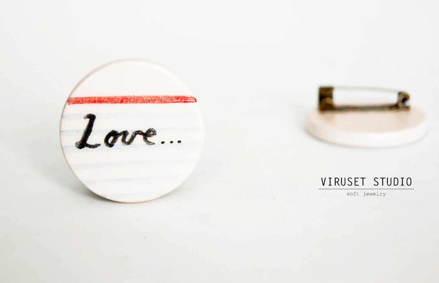 Ceramic brooch  for  women notebook lines, love word.Scandinavian minimalist design.Modern Circle Brooch Pin by Viruset Studio