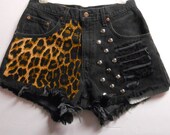 High Waisted Black denim shorts -----Leopard  Print n Studs --Waist   31   inches