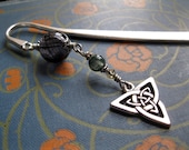 Celtic Triquetra Grimoire Bookmark Blown Glass Orb and Moss Agate. Hair Stick. Triskele.