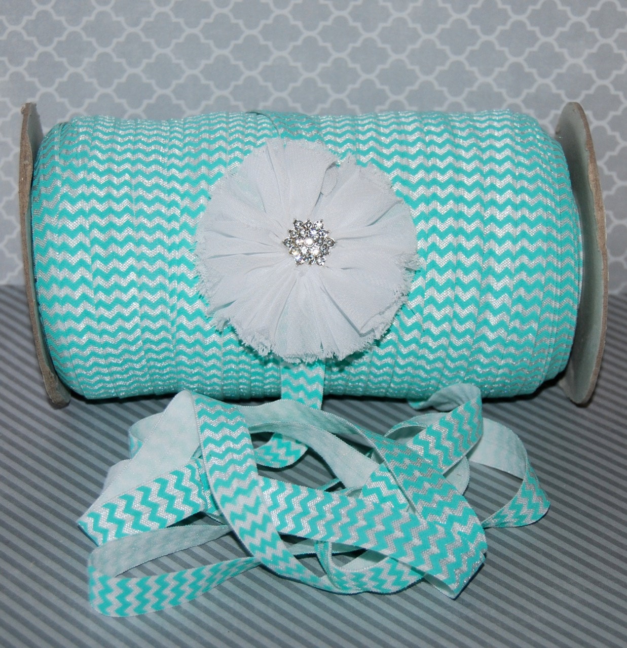Aqua FOE Chevron Fold Over Elastic - 5 yds Shiny FOE 5/8" inch  Baby Headbands Hair Ties Satin Elastic Soft  Elastic FOE print