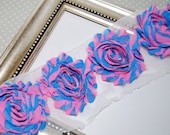 Shabby Rose Trim Shabby Flowers Blue and Pink Cotton Candy Stripe Vintage - 1/2 yard Chiffon flowers Rosette Flower Trim Shabby Chic flowers