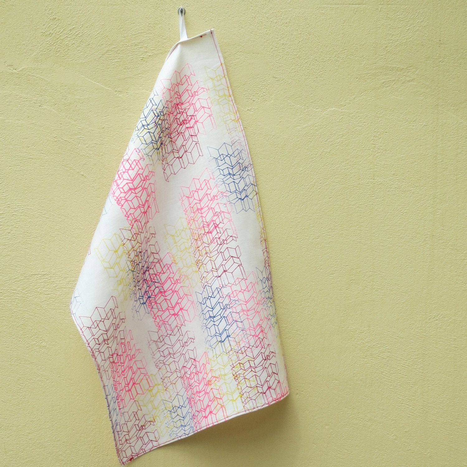 Dish Cloth/Tea Towel - original gocco prints - neon pink, blue,red and yellow fabric inks - white 100% linen - UK seller