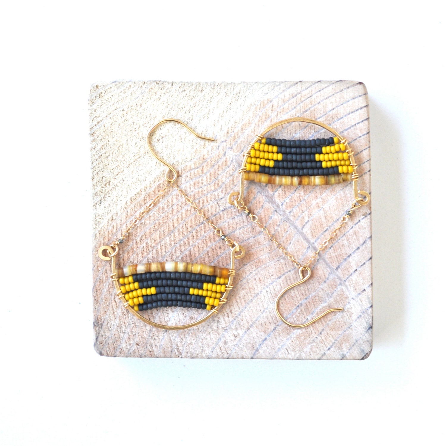 Mustard Yellow and Dark Grey Chandelier Earrings with Goldlip Heishi Shell Beads