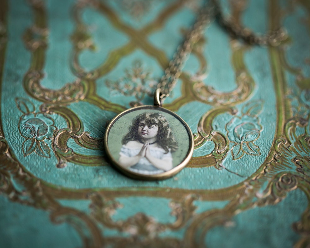 Victorian Child - Prayer Hands Necklace - Victorian Pendant - Steampunk Necklace- Glossy Resin Charm