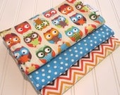 Burp Cloths/Bright Owls in Cream/Double Flannel Backing in Natural/Set of Three