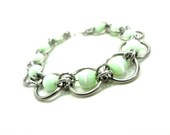 Minty Cat Eyes Chainmail Bracelet Stainless Steel and Green Fiber Optic Beads