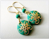 Baroque Spring sale, dangle earrings,drop earrings,boho eco friendly,emerald teal pantone 2013 vintage,polymer clay earrings,golden filigree