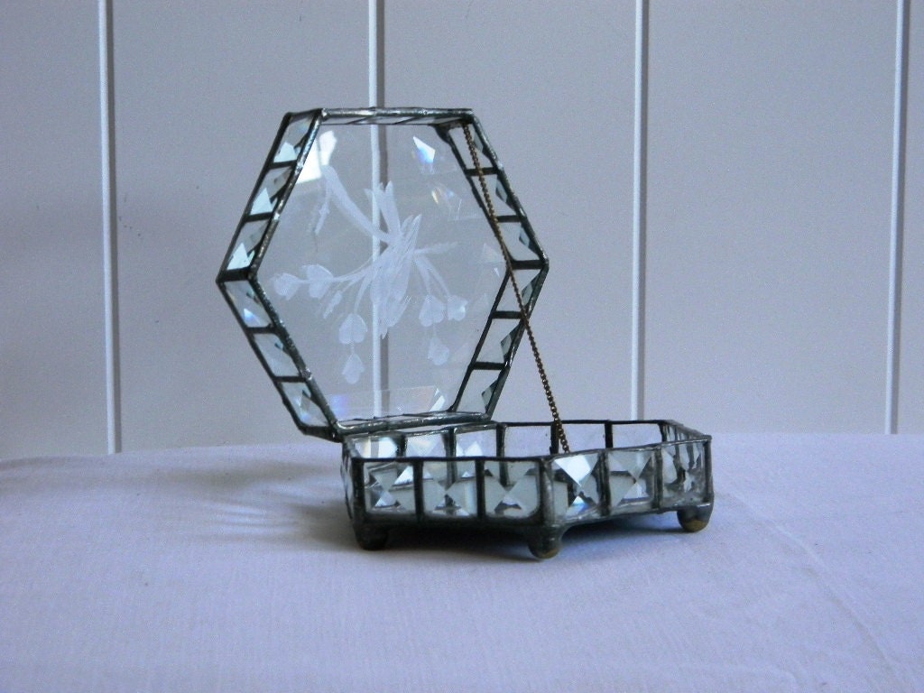 Vintage Glass Trinket Box - Vintage Leaded Beveled Glass Jewelry Box - Glass Display Box