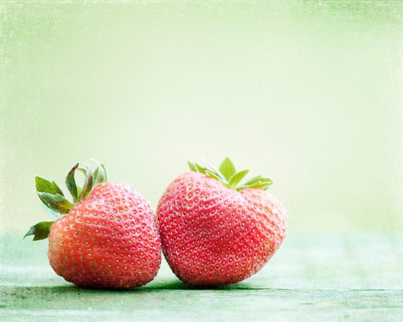 Fruit Photography - strawberries red light green summer food photo strawberry wall art print mint kitchen - 8x10 Photograph, "Berry-licious"