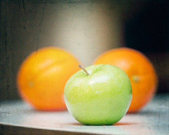 Fruit Photography - kitchen art print food oranges green apple still life wall art photo black white decor - 8x10 Photograph