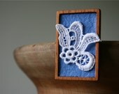 White Vintage Lace on Sea Ocean Blue Felt Wooden Brooch Large, Mahogany and Lace Series