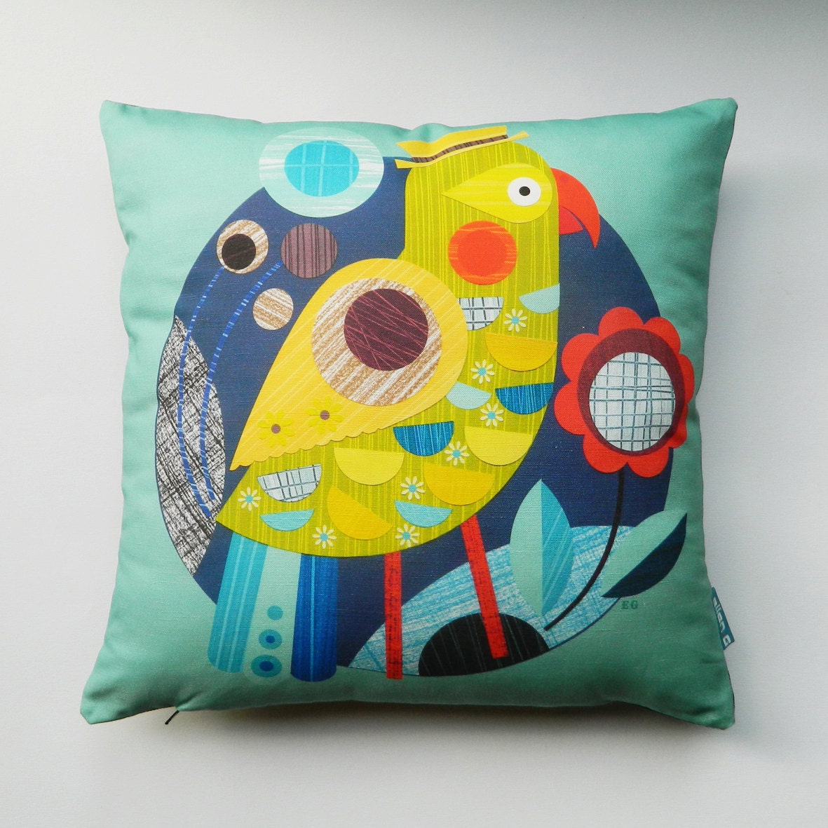 Blue, yellow, bird illustration, digital print, cushion, pillow, cover