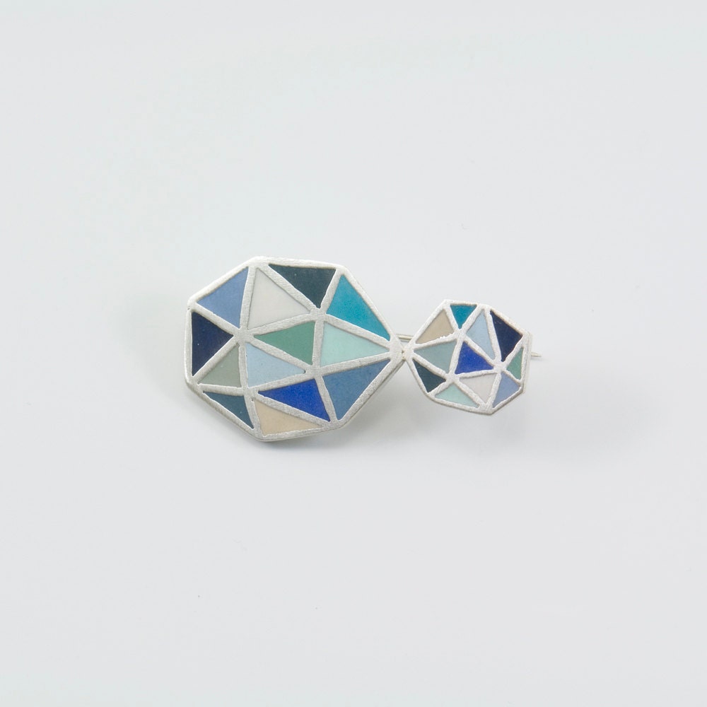 POLIEDRA multicolor sterling silver and polymer clay brooch