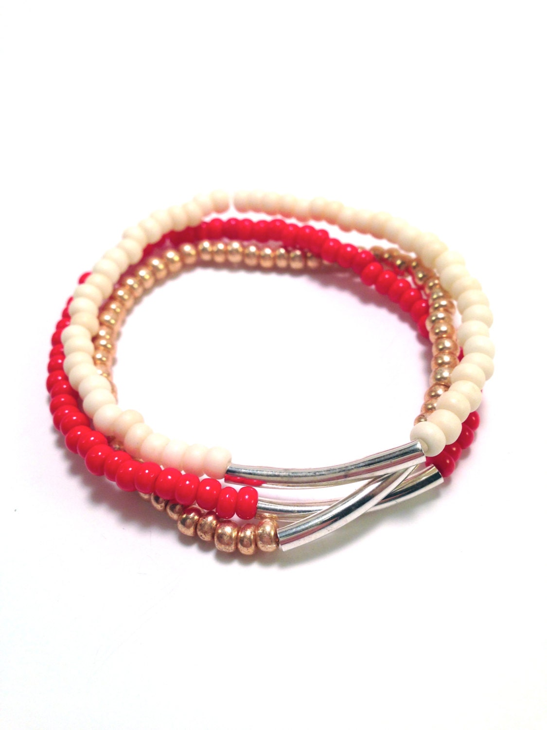 Colorblock Stackable Bracelets in Red, Cream and Rose Gold