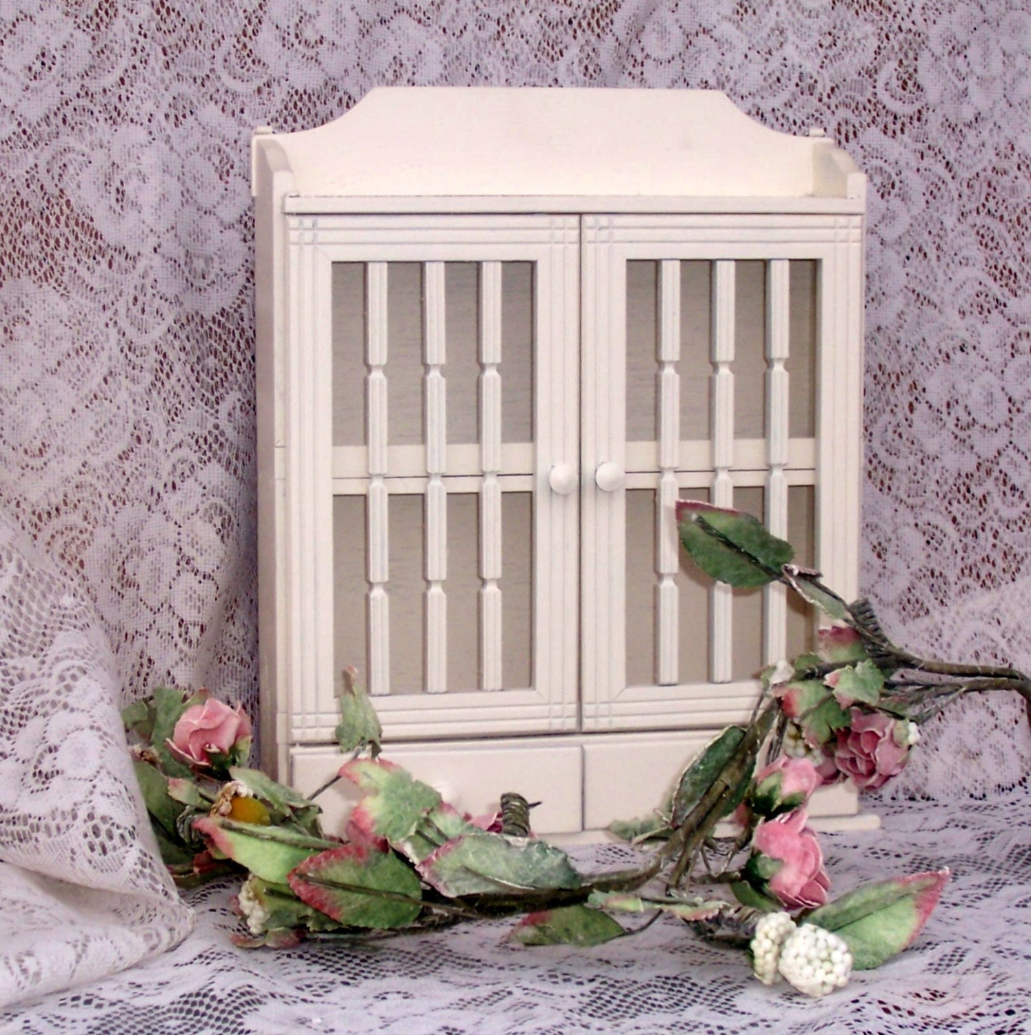 Heirloom white  shabby chic open gridded wall cabinet spice cabinet  french country beachy wooden