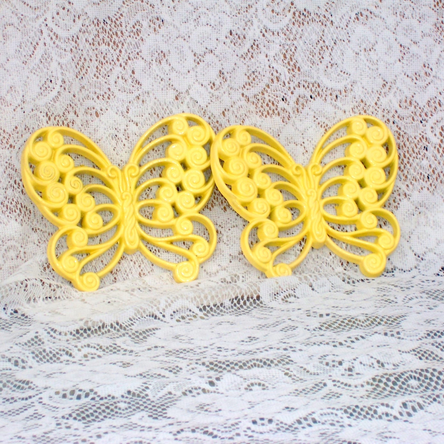 Vintage butterfly wall decor by Burwood syroco  upcycled warm yellow set of four