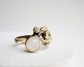Diamond 14K Yellow Gold Twig Ring with Rainbow Moonstone and Peridot