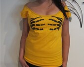 PLUS SIZE - Womens Gold SKELETON Hands On Breast Sexy Handmade Diy Custom Tunic Scoop Top T shirt