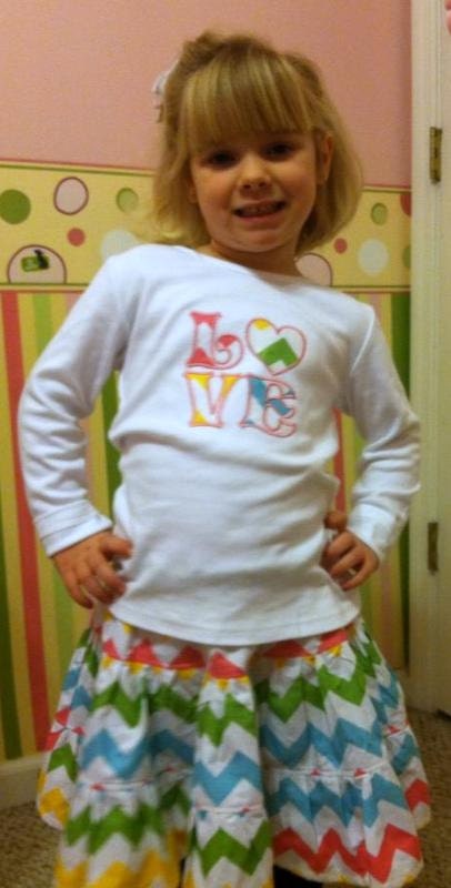 Girls Chevron Twirl Skirt and Love Applique Tshirt Chevron Stripe Skirt Long Sleeve Love Shirt