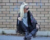 Black Floral Leaf Velvet Burnout Gypsy Fringe Beaded Kimono Jacket