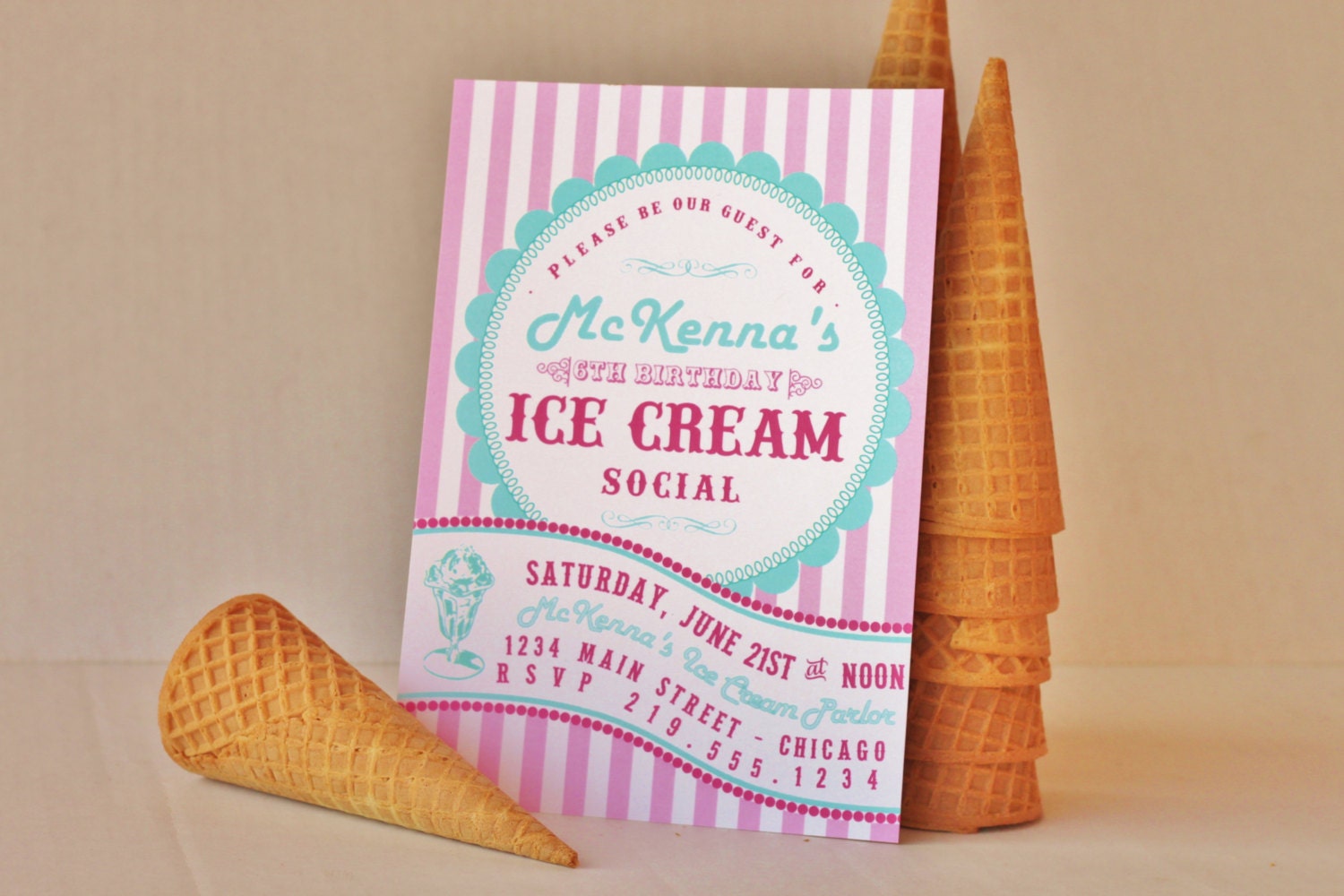DIY Printable Ice Cream Social Party Invitation Retro Ice Cream Parlor Pink and Aqua Il_170x135