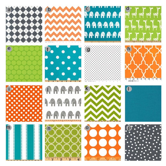 Crib bedding - Turquoise, Grey, Orange, Lime green