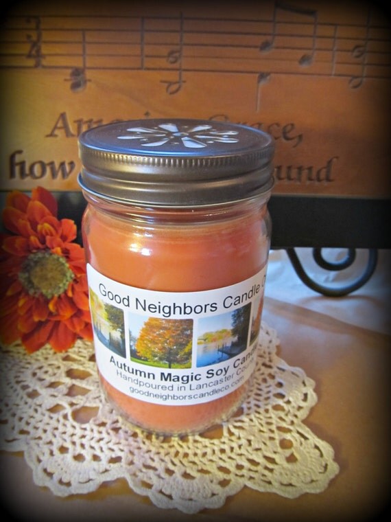Soy Candle, Autumn Magic, 12 Ounce Jelly Jar, Daisy Cut Lid, Orange