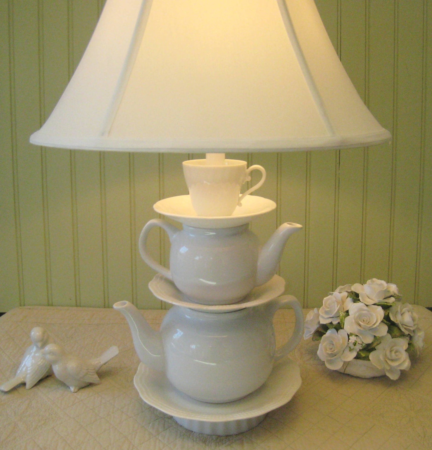 Teapot Lamp, White Stacked Teapots Embossed Tea Cup and Saucers,  Alice in Wonderland Shabby Chic Country Beach Cottage "Alison" series