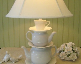Teapot Lamp, White Stacked Teapots Embossed Tea Cup and Saucers,  Alice in Wonderland Shabby Chic Country Beach Cottage "Alison" series