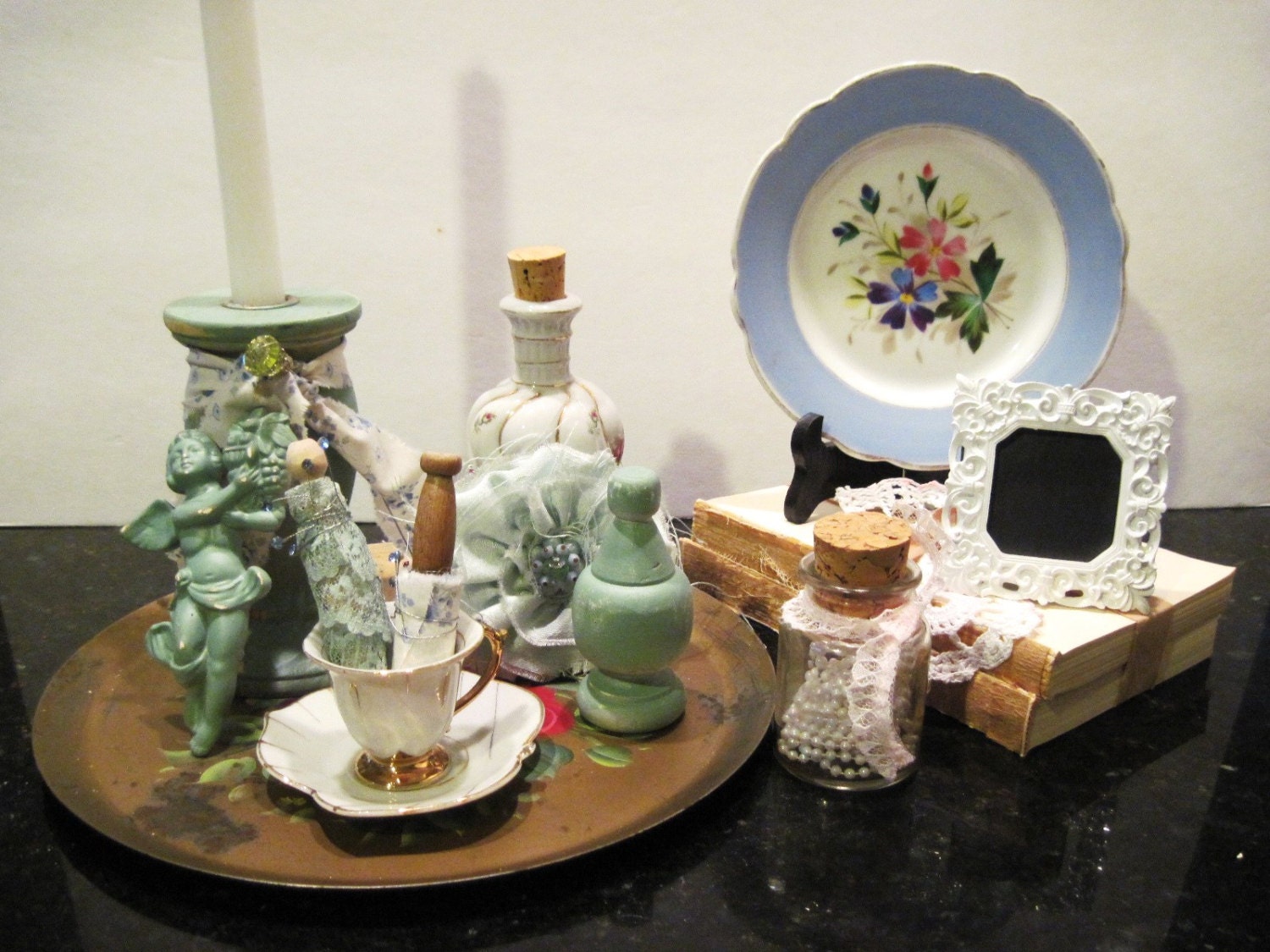 Shabby Chic Home Decor Vignette, Metal Tray of Shabby Chic