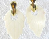 Vintage HUGE Statement Earrings, Big Large Carved Leaves, White Mother of Pearl Shell, Gold Tone, Clip-ons, 1960s Mad Men Jewelry