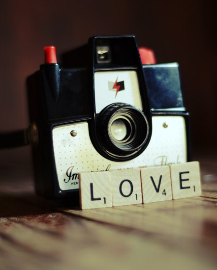 Vintage camera print- love, golden, hipster, retro, whimsical, geekery,  scrabble tiles, 8x10 print, fine art photography, still life