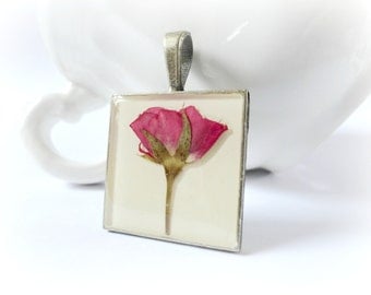 Red Rose - Valentine resin necklace real preserved rose flower bud white Botanical specimen pressed plant Gift Nature lover gardener