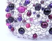 Hot Pink and Purple Knitted Wire Bracelet. Beaded Cuff
