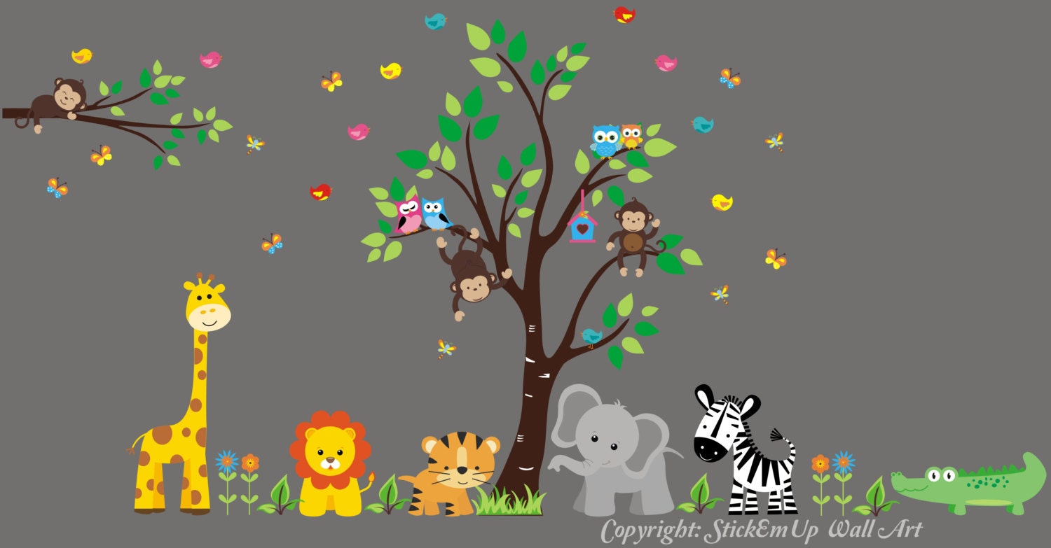 Nursery Wall Decal - Baby Wall Decal with Jungle Animals - Giraffe, Lion,Tiger, Elephant, Zebra, Alligator, Monkeys - 447